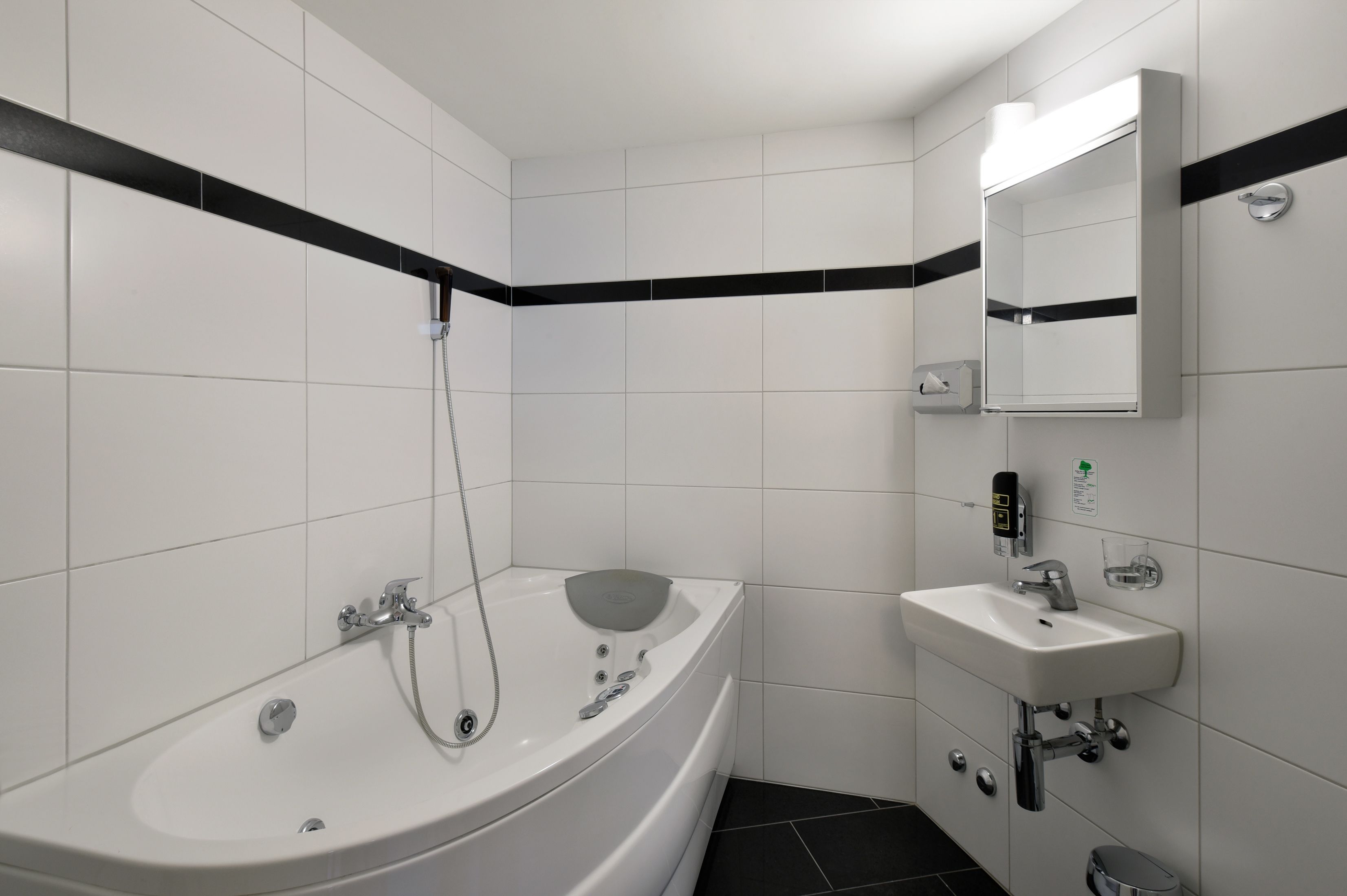 Un baño moderno con bañera, lavamanos y espejo.