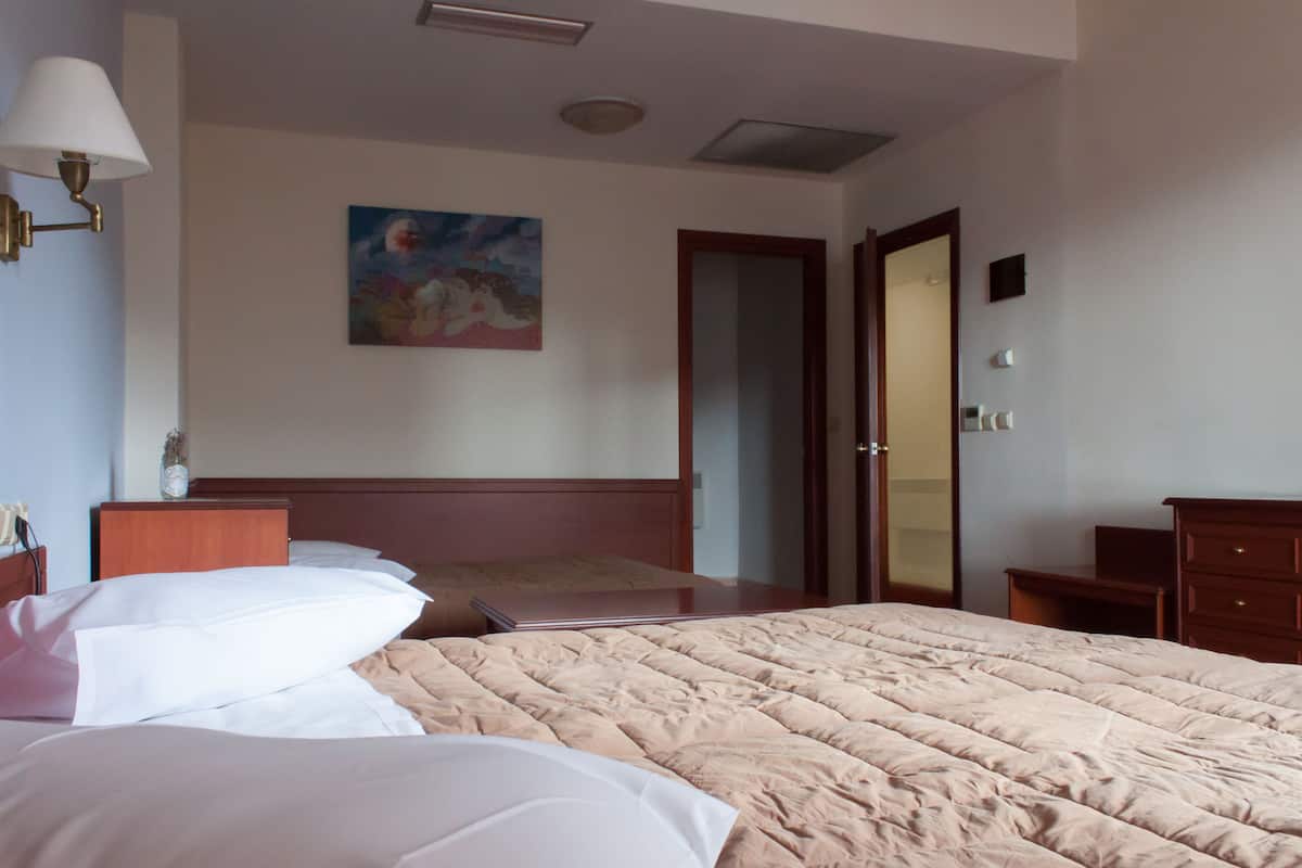 A hotel room with a large bed, a bedside table, a lamp, a painting on the wall, and a door leading to another room.