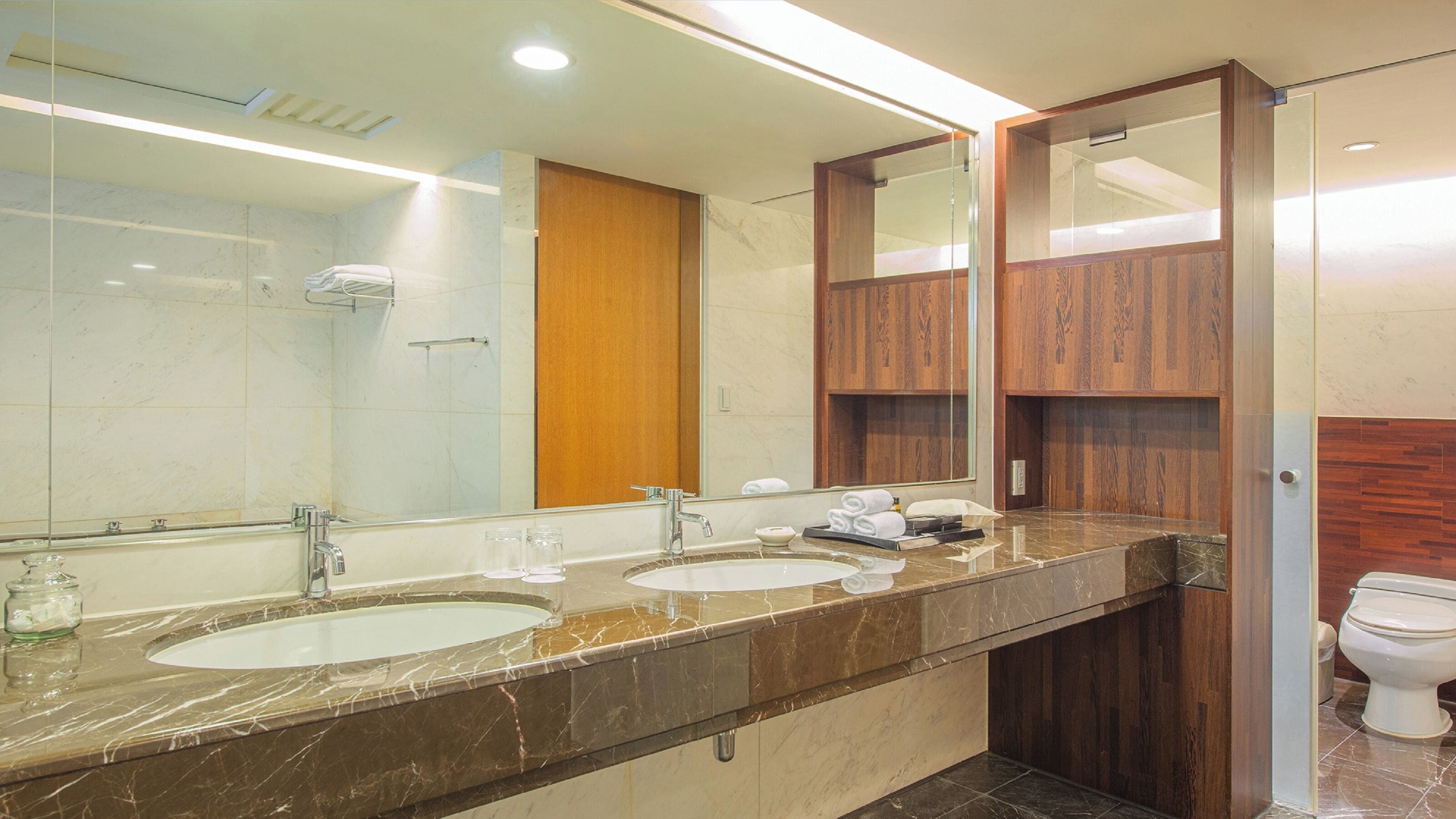 A bathroom with two sinks, a mirror, and a toilet.