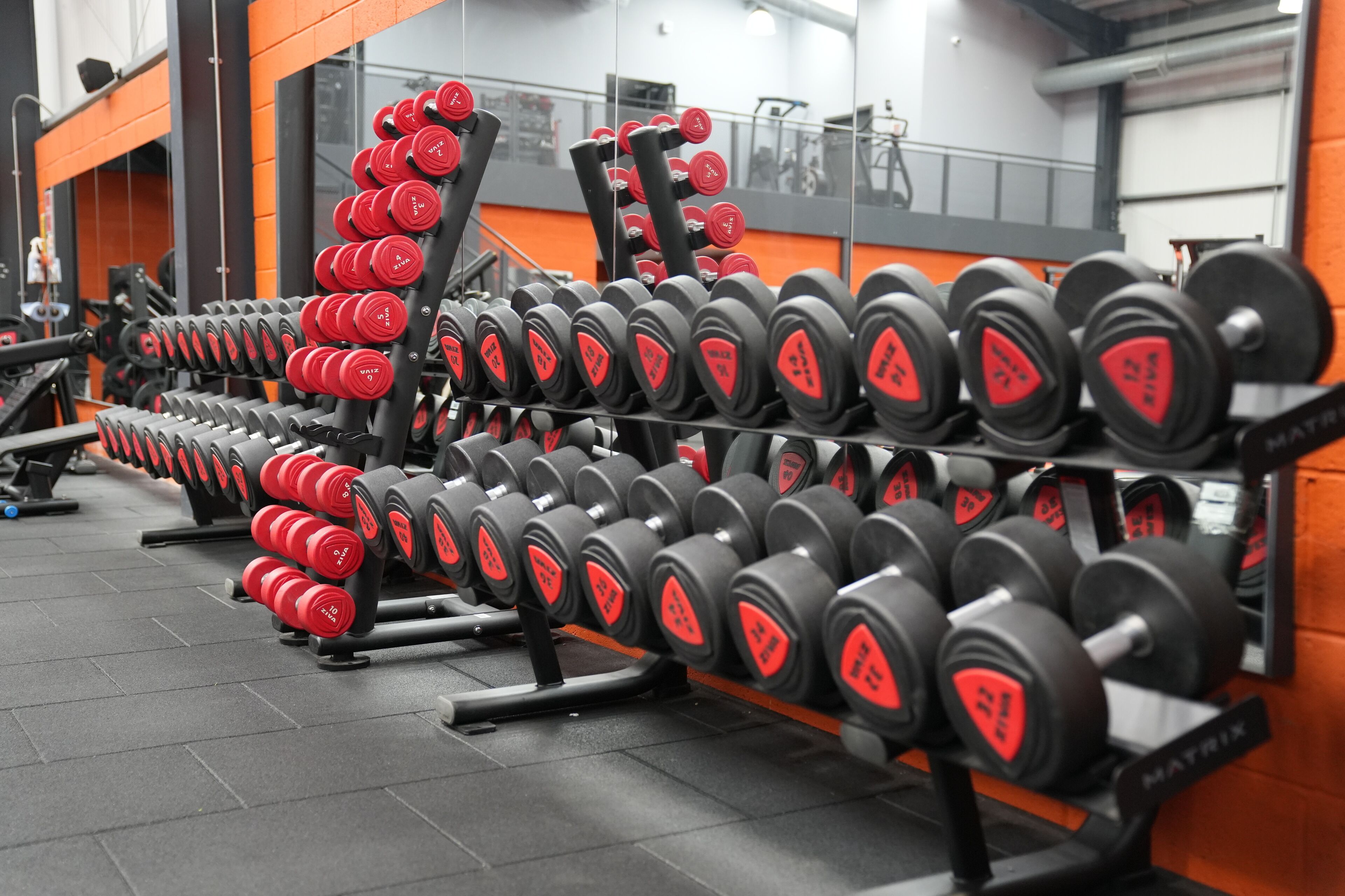 A gym with rows of red and black dumbbells on racks.