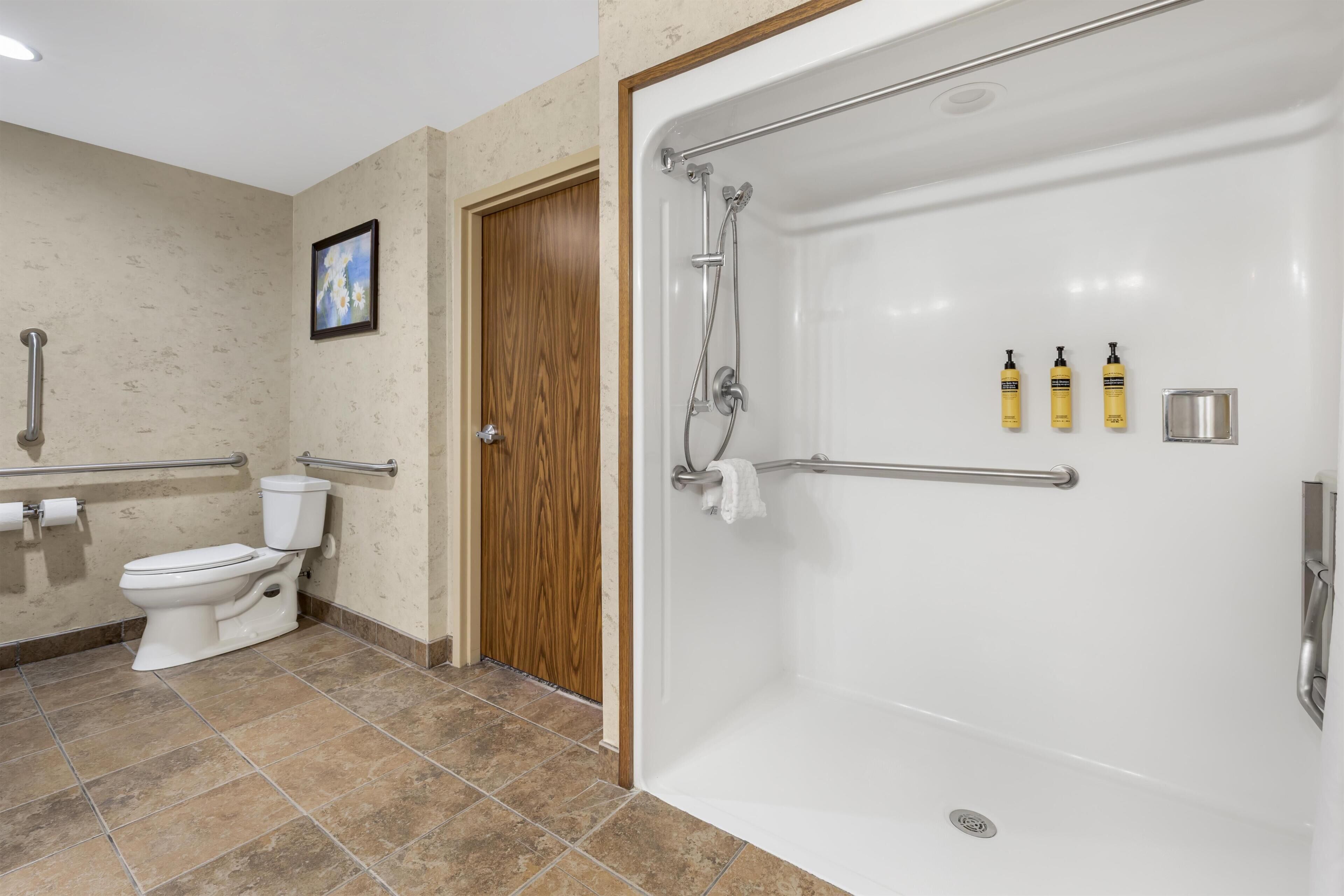 Une salle de bain équipée d’une douche, de toilettes et de barres d’appui.