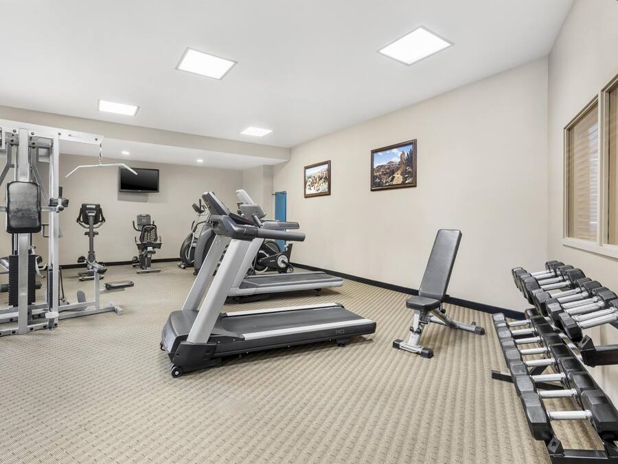 Ein Fitnessstudio mit Laufbändern, Kraftgeräten und Kurzhanteln.