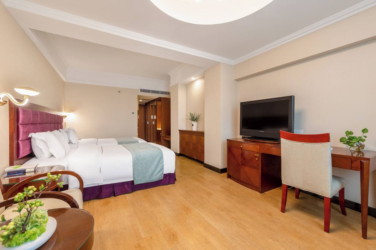 A hotel room with a bed, desk, TV, and a small dining table with a plant.