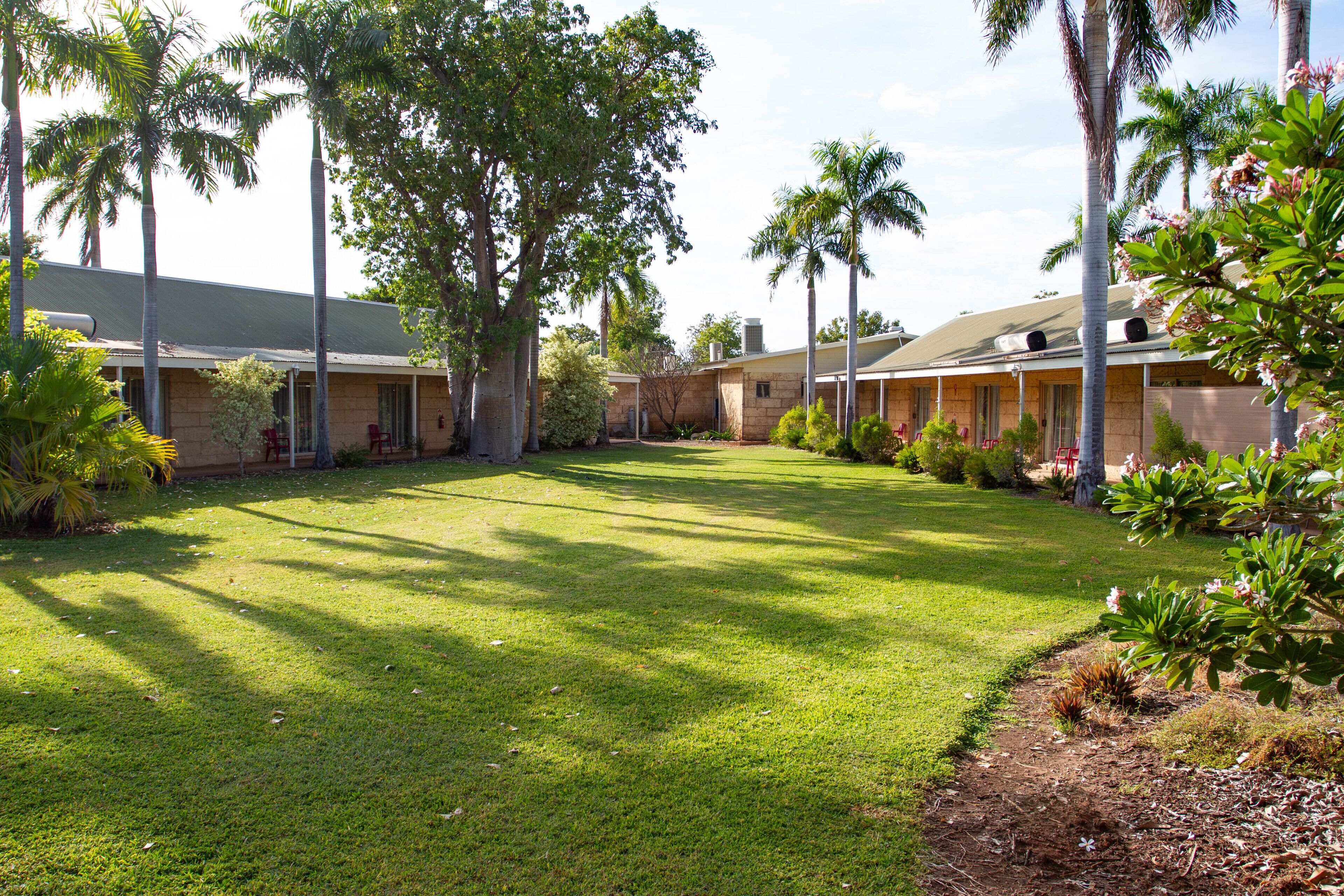 A courtyard with a lawn, palm trees, and a building with a flat roof.
