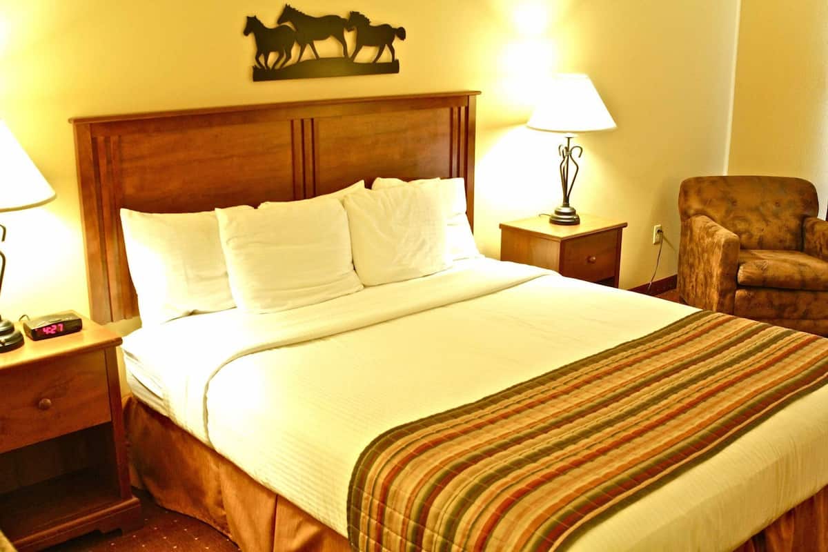 A hotel room with a wooden headboard, a large bed with white linens, two bedside tables with lamps, a chair, and a wall-mounted artwork of horses.