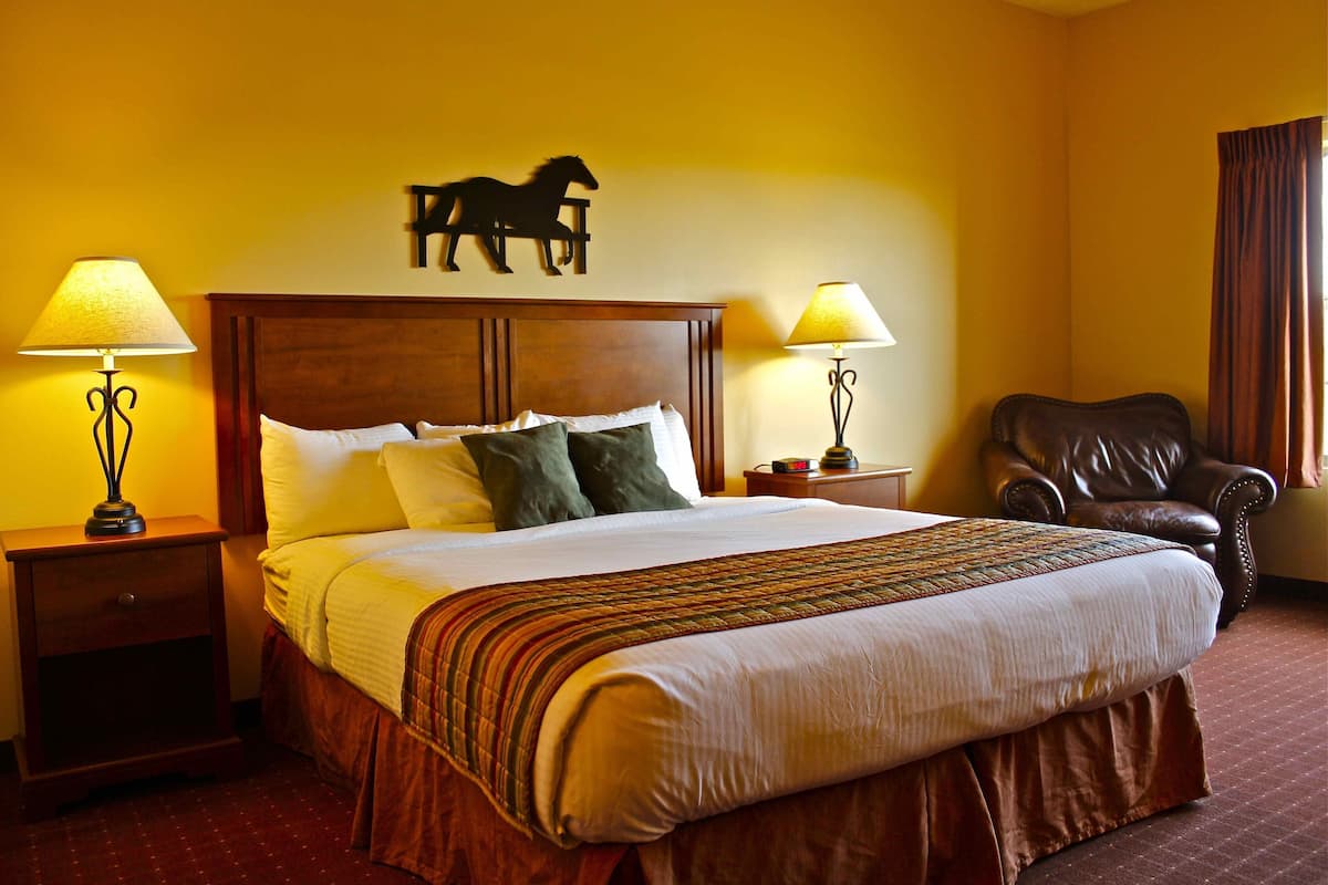 A hotel room with a large bed, two bedside lamps, a leather armchair, and a horse silhouette on the wall.