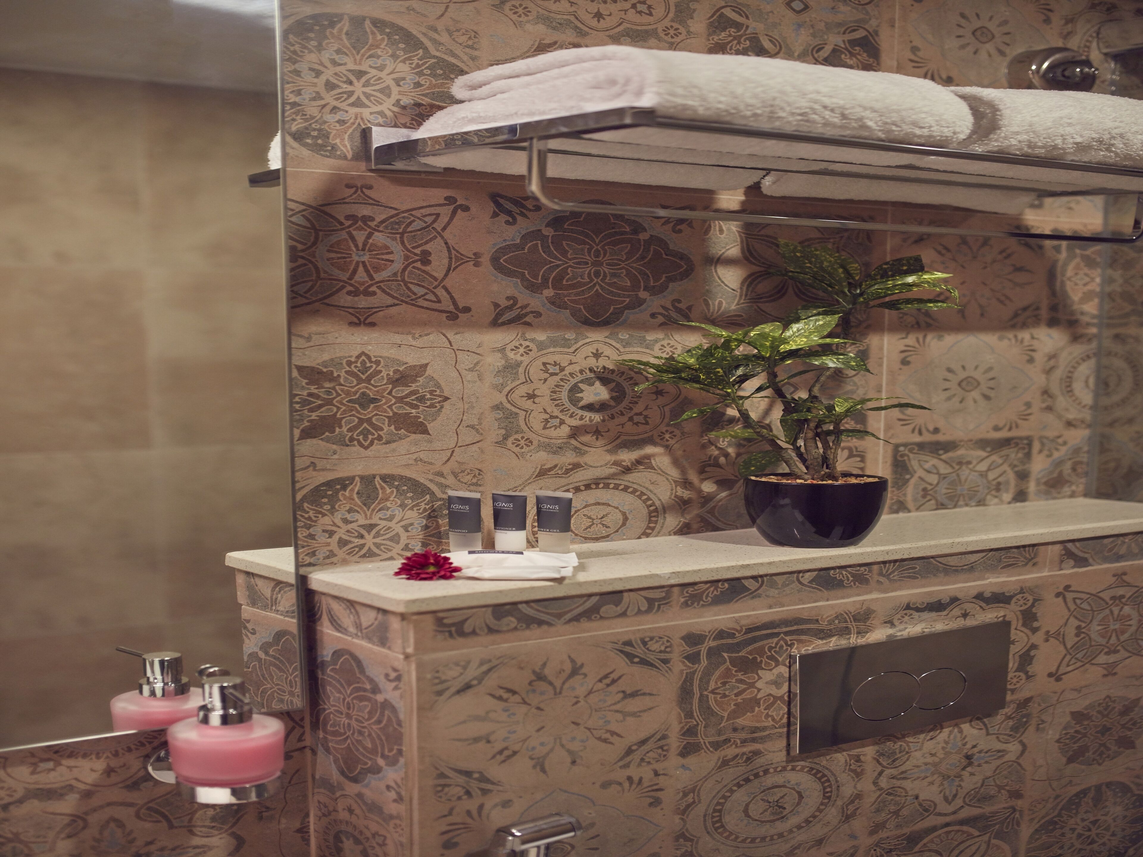 A bathroom with patterned tiles, a towel rack, a potted plant, and toiletries.