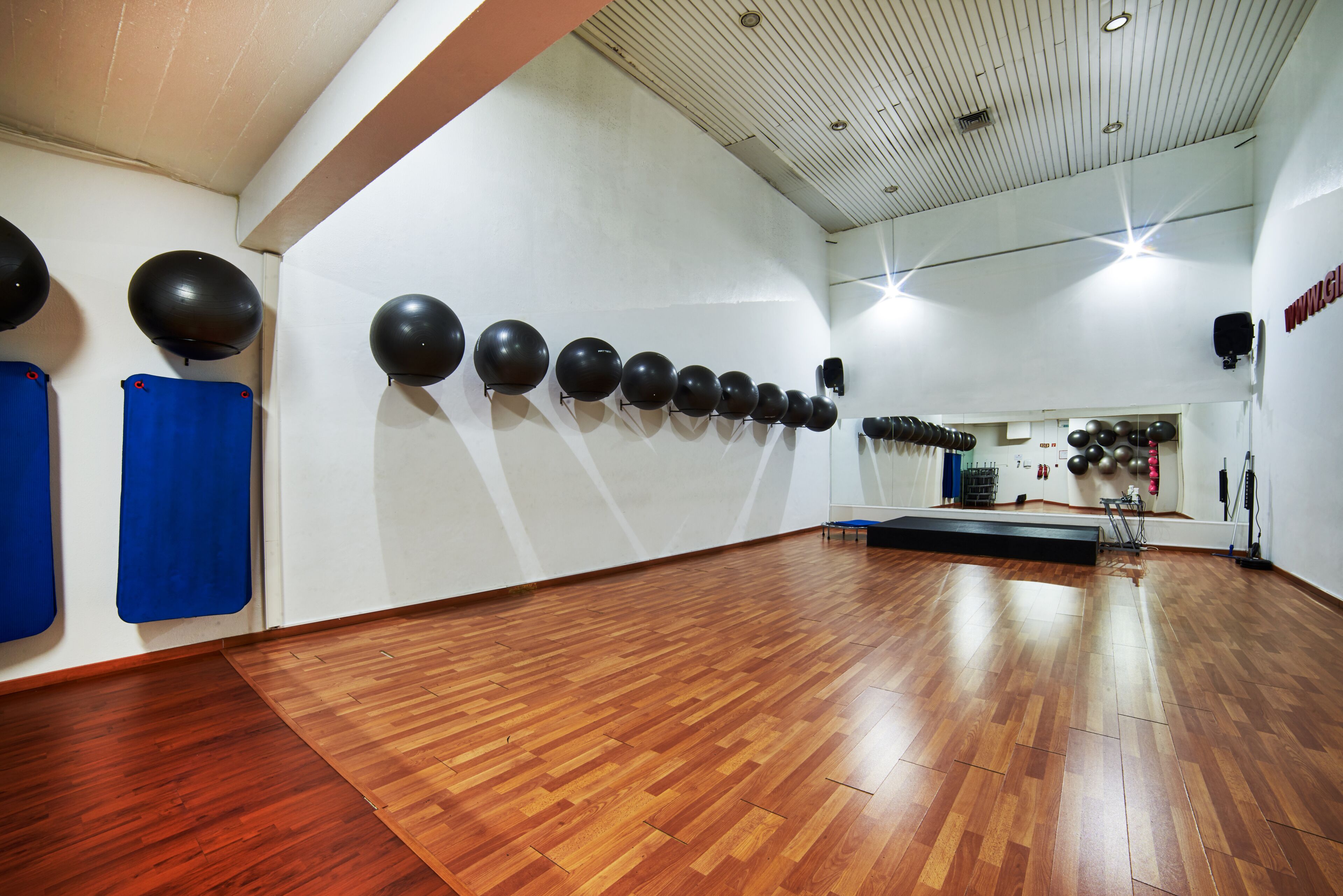 A spacious room with a wooden floor, a row of black exercise balls on the wall, and a blue mat on the left.
