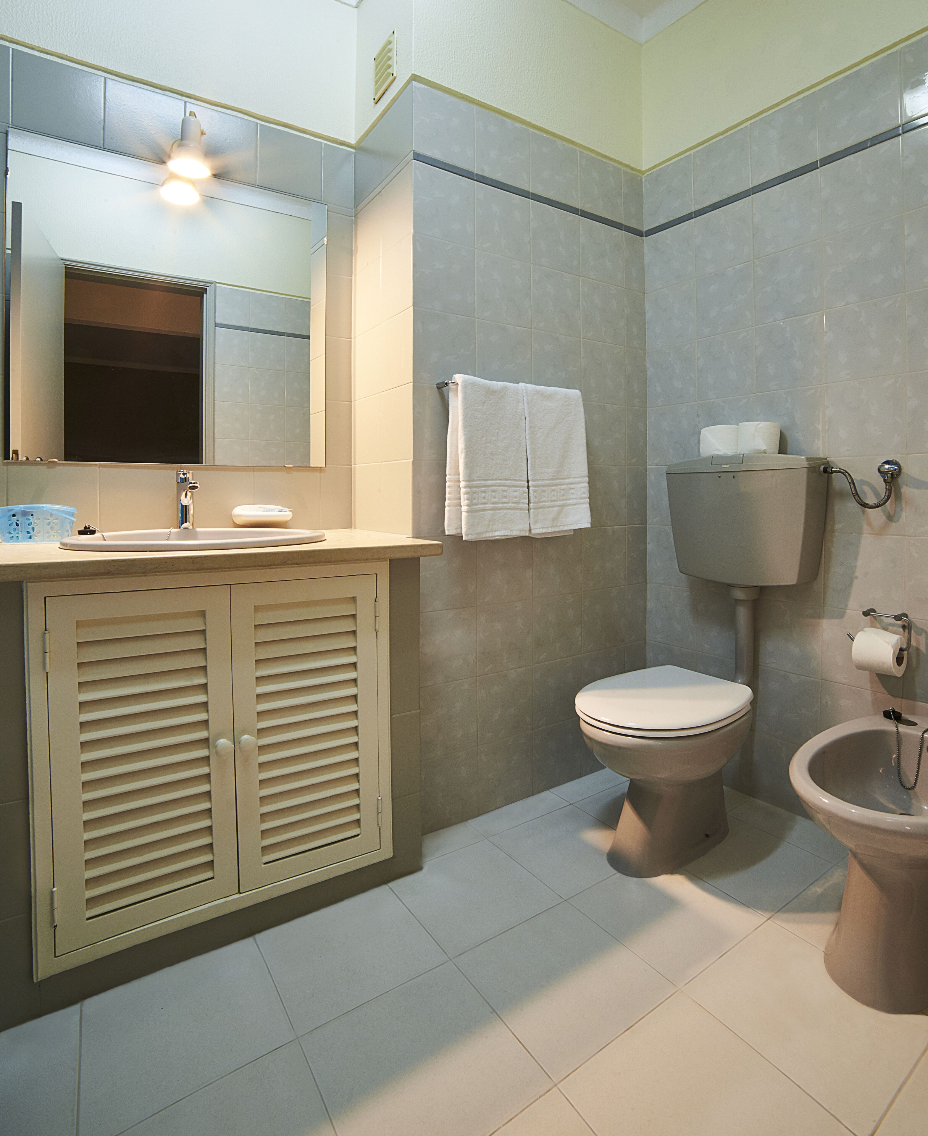 A bathroom with a toilet, bidet, sink, and mirror.