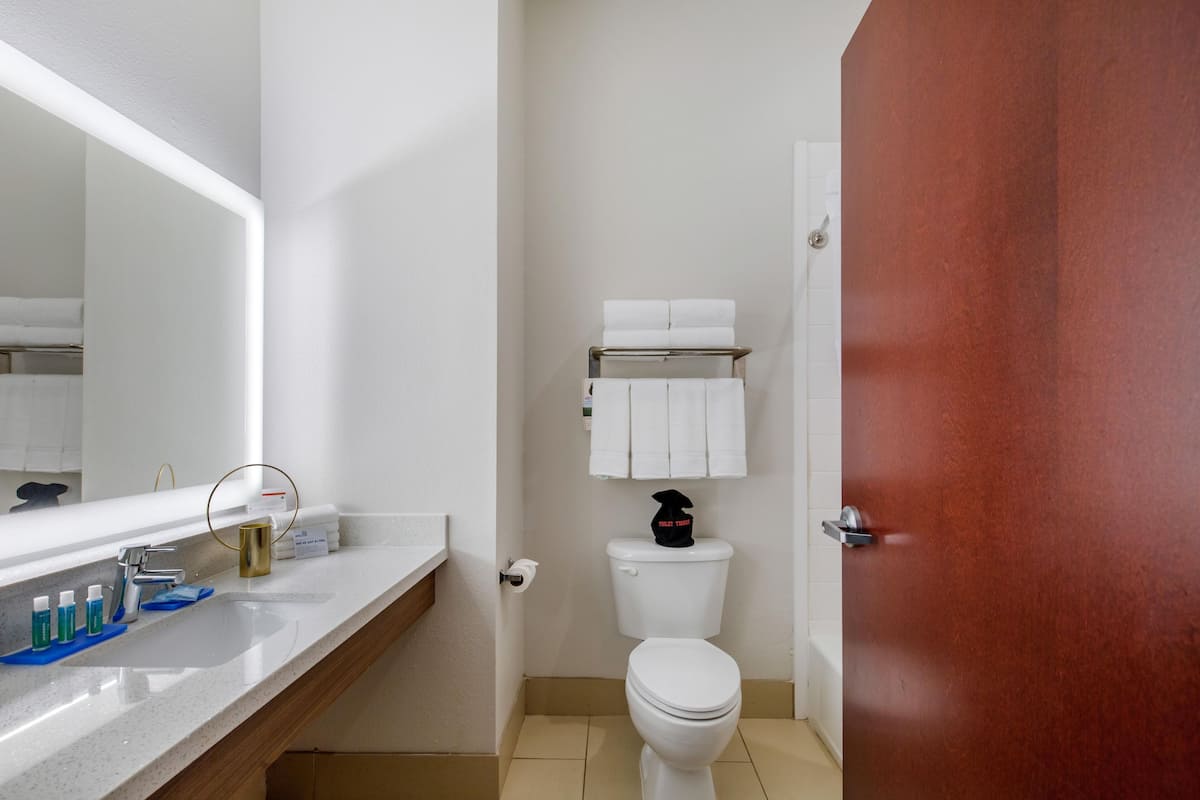 A bathroom with a white sink, a mirror, a toilet, and a wooden door.