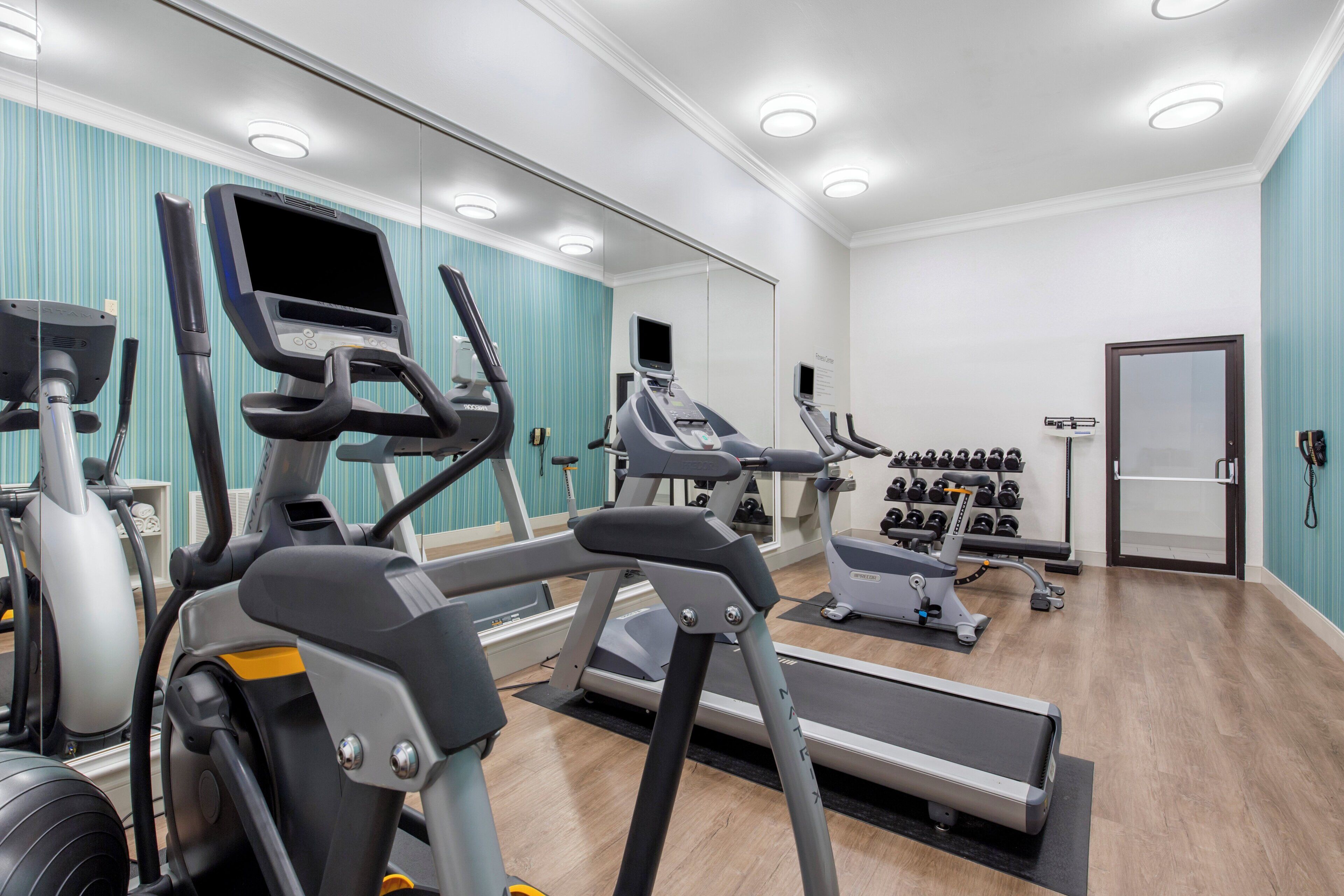 A gym with treadmills, ellipticals, and a weight rack.