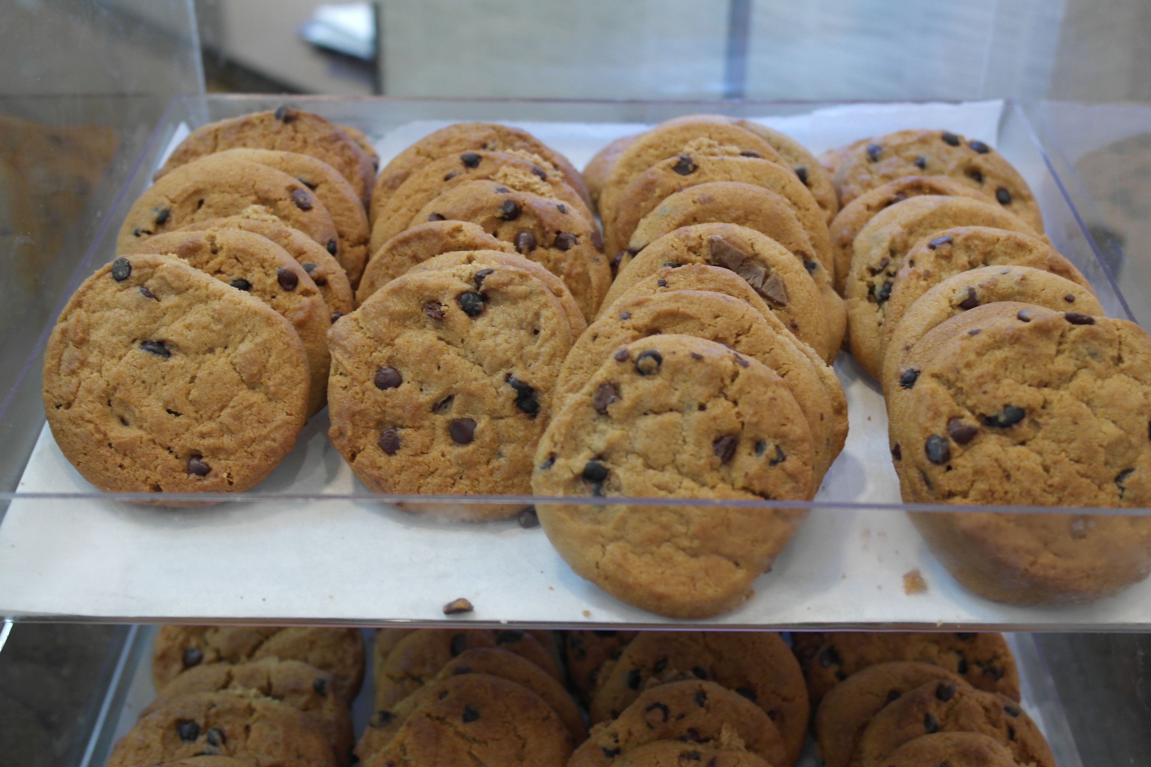 A display case containing chocolate chip cookies.