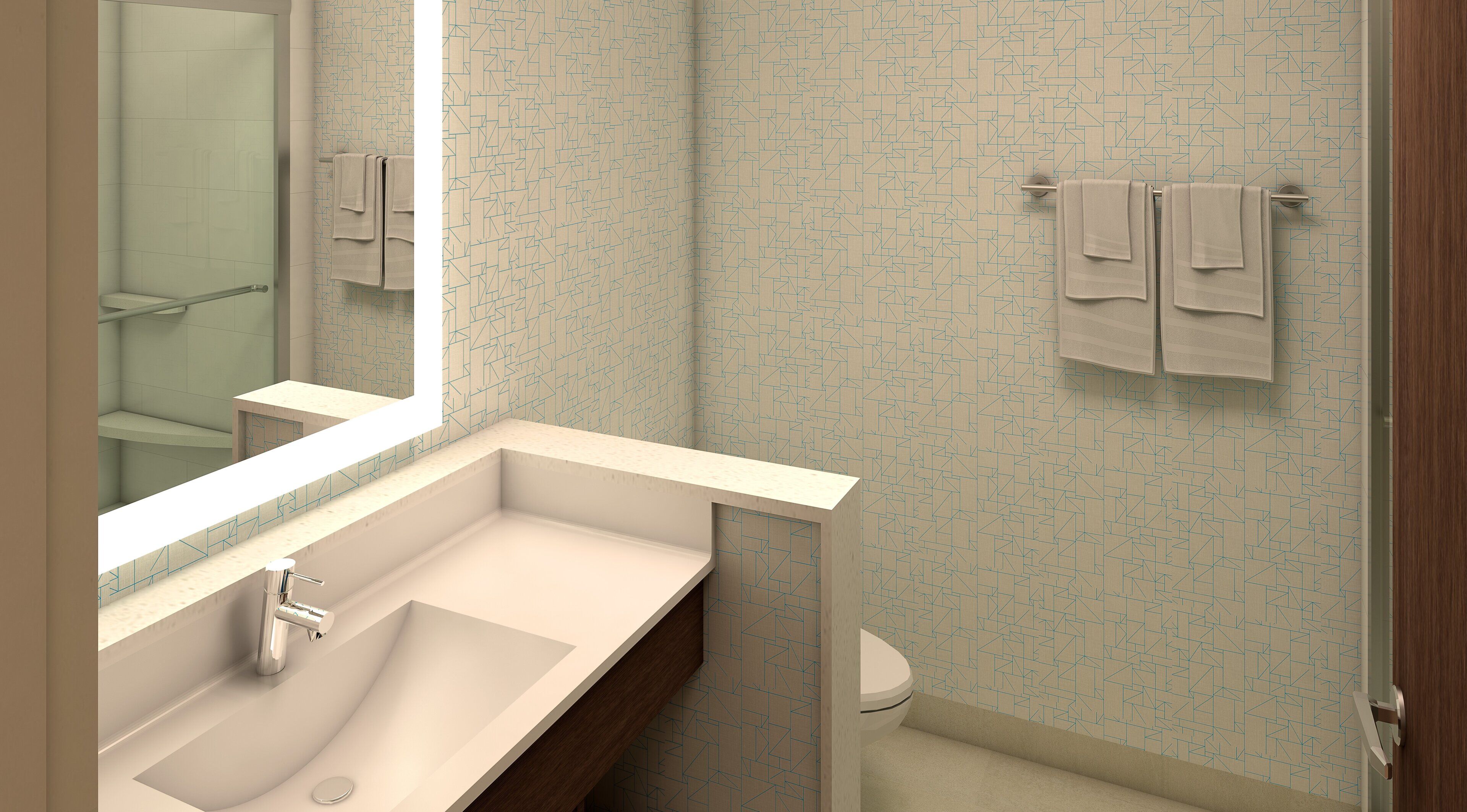 Ein Badezimmer mit großem Spiegel, Waschbecken und Toilette.