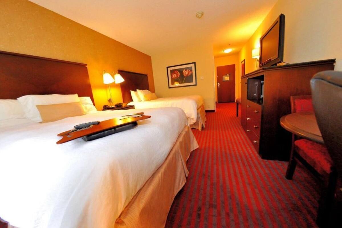 A hotel room with two beds, a TV, a desk, and a chair.