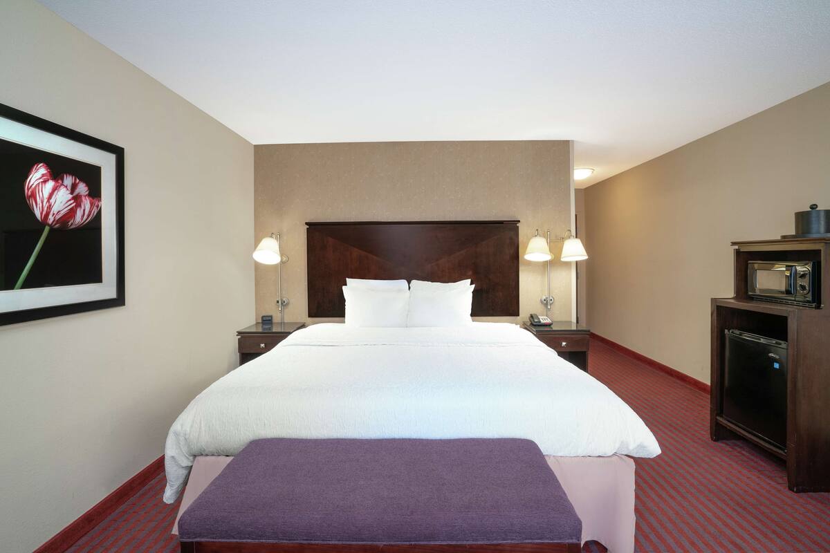 A hotel room with a large bed, two bedside tables with lamps, a small TV on a stand, and a framed picture on the wall.