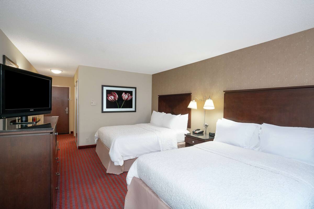 A hotel room with two beds, a TV, a framed picture, and a lamp.