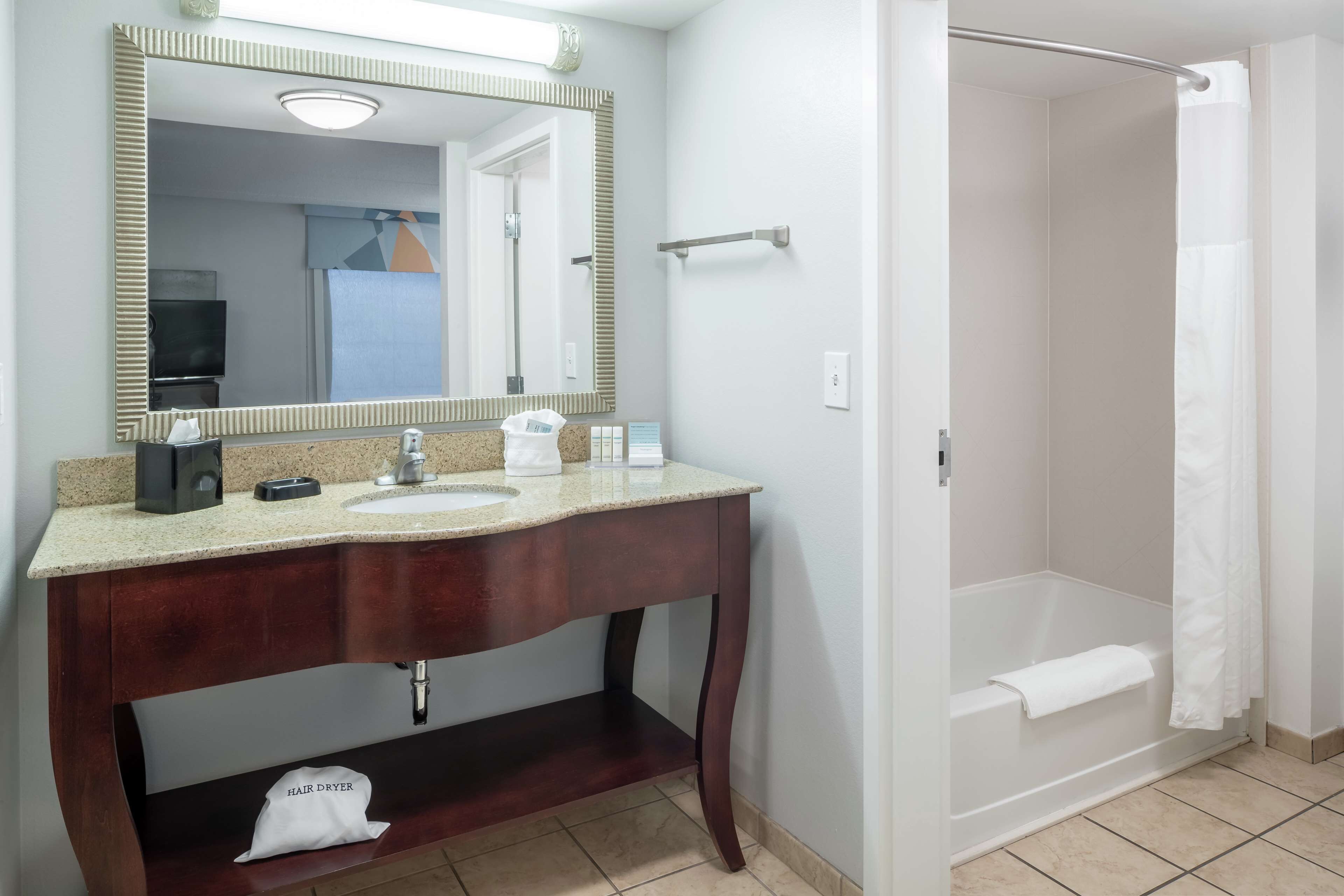 Une salle de bain avec un meuble-lavabo en bois, un grand miroir, un lavabo, un sèche-cheveux et une douche à l’italienne avec un rideau.