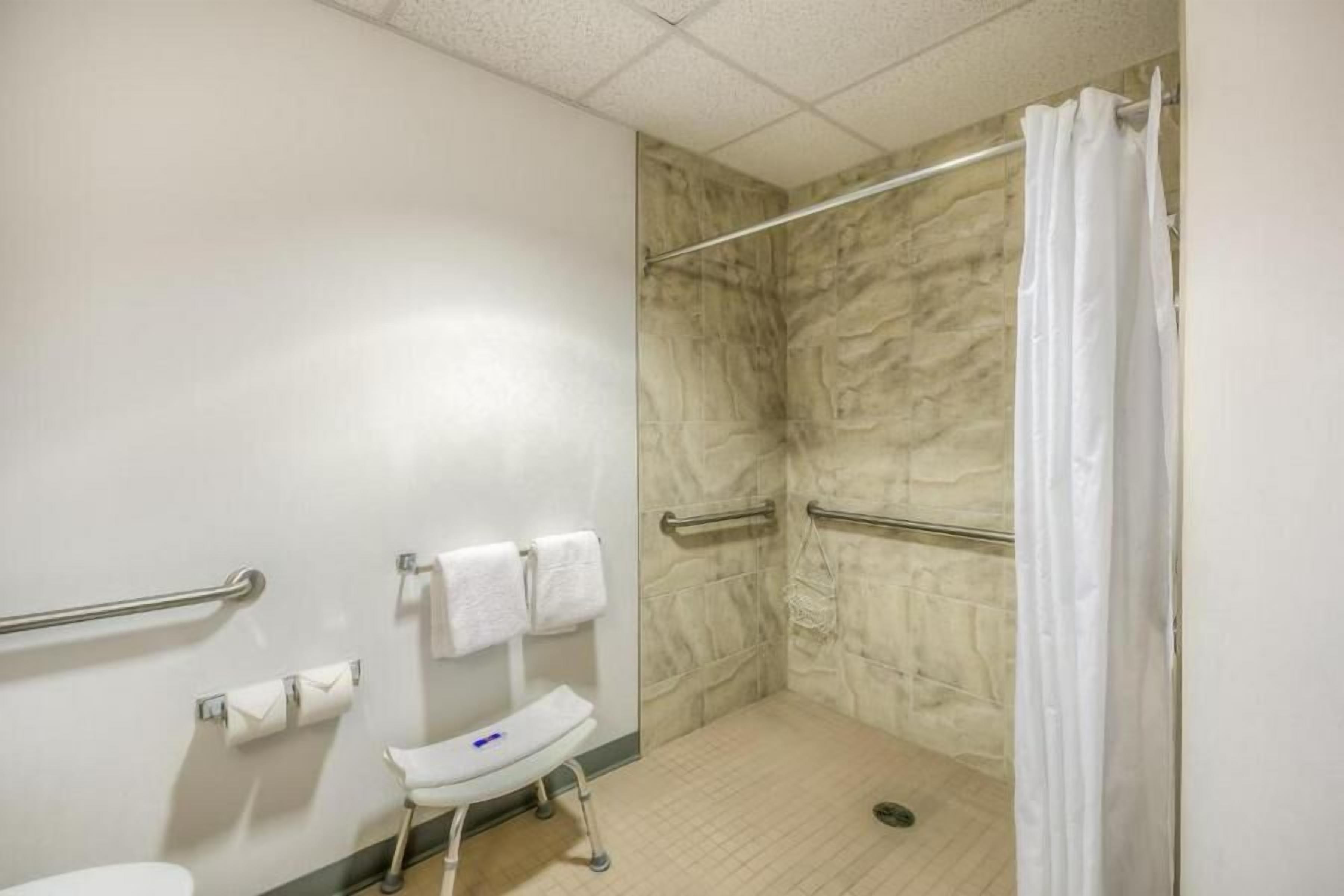 Een badkamer met een douche, toilet, handgreep en handdoekhouder.