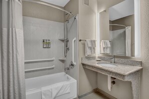 Bathtub, free toiletries, hair dryer, towels