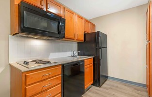 Full-size fridge, microwave, stovetop, dishwasher