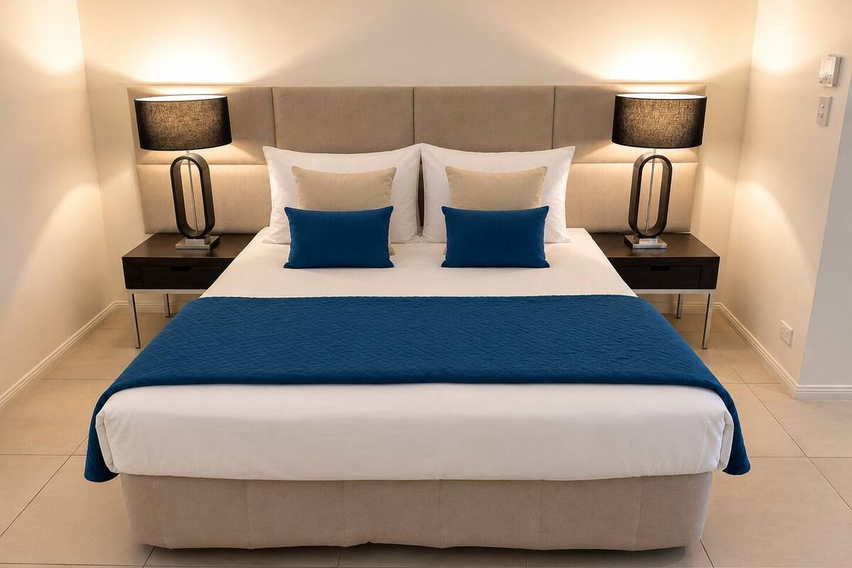A neatly arranged bedroom with a large bed, two bedside tables, and two wall-mounted lamps.