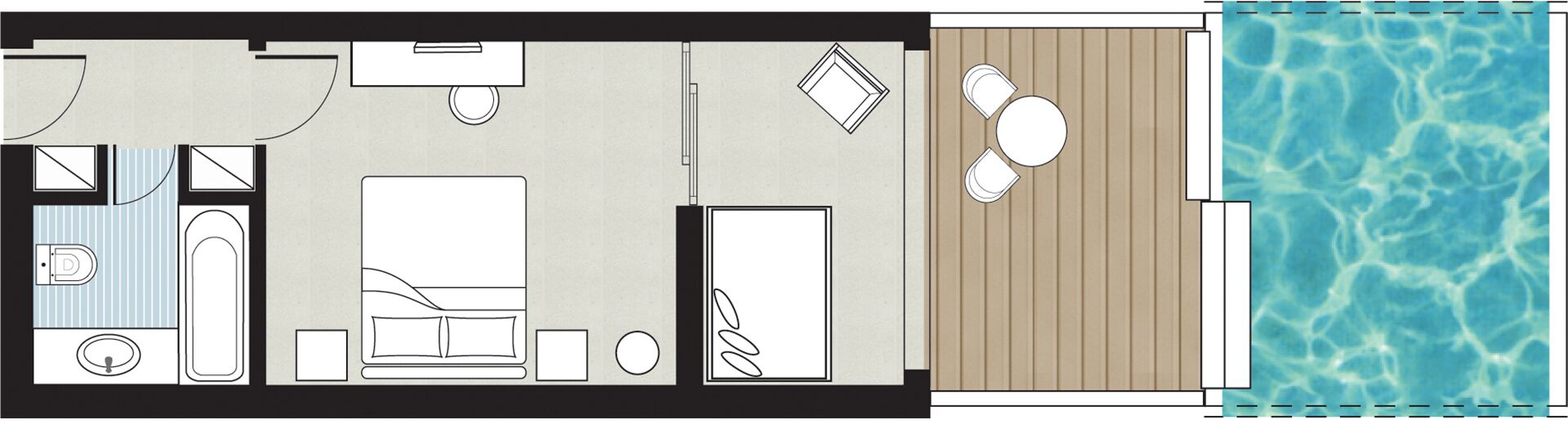 A hotel room layout with a bed, a desk, a chair, a bathroom, and a view of a swimming pool.