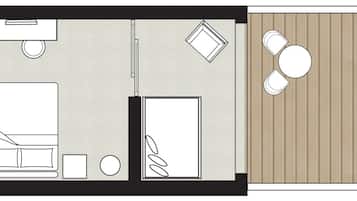 A hotel room layout with a bed, a desk, a chair, a bathroom, and a view of a swimming pool.