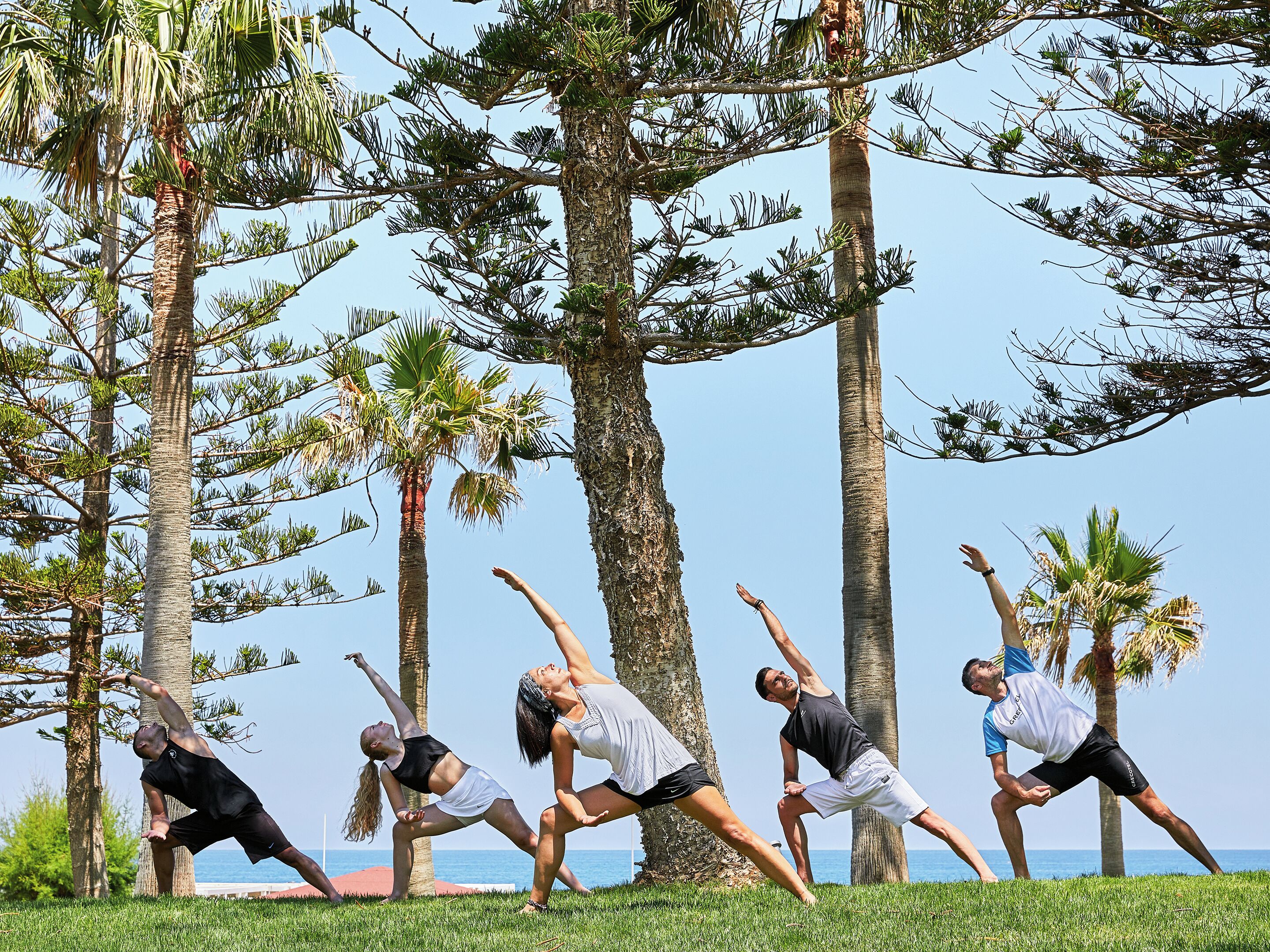 A group of people performing yoga in an outdoor setting with palm trees and a clear sky.
