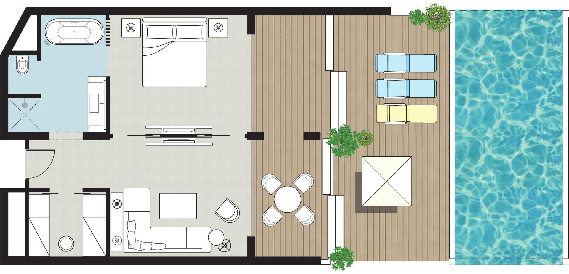 En plantegning af et hotel, der viser en swimmingpool, et soveværelse, et badeværelse, et spiseområde og en opholdsstue.