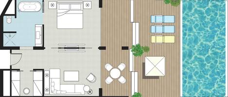 Plano de un hotel que muestra una piscina, un dormitorio, un baño, una zona de comedor y una sala de estar.
