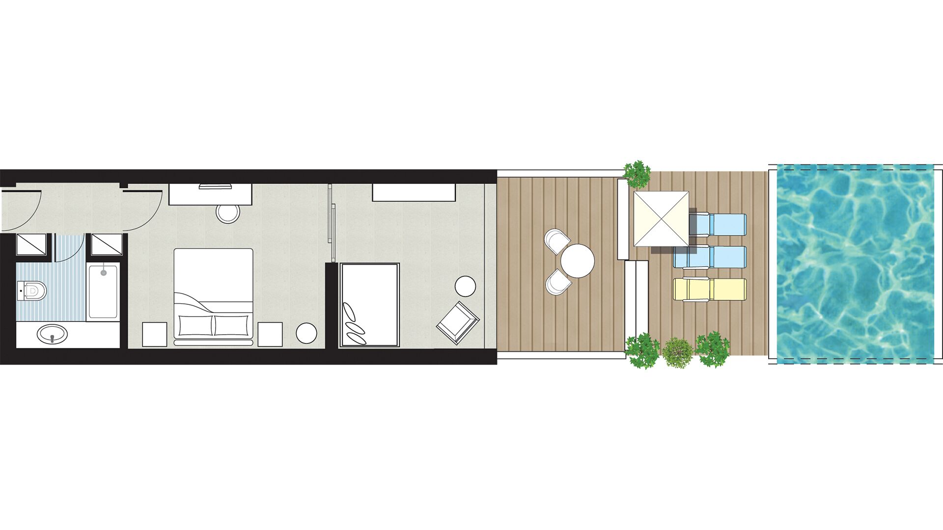 Plano de un cuarto de hotel con baño, una sala de estar con sofá y televisor, un comedor con mesa y sillas, y vista a una piscina.