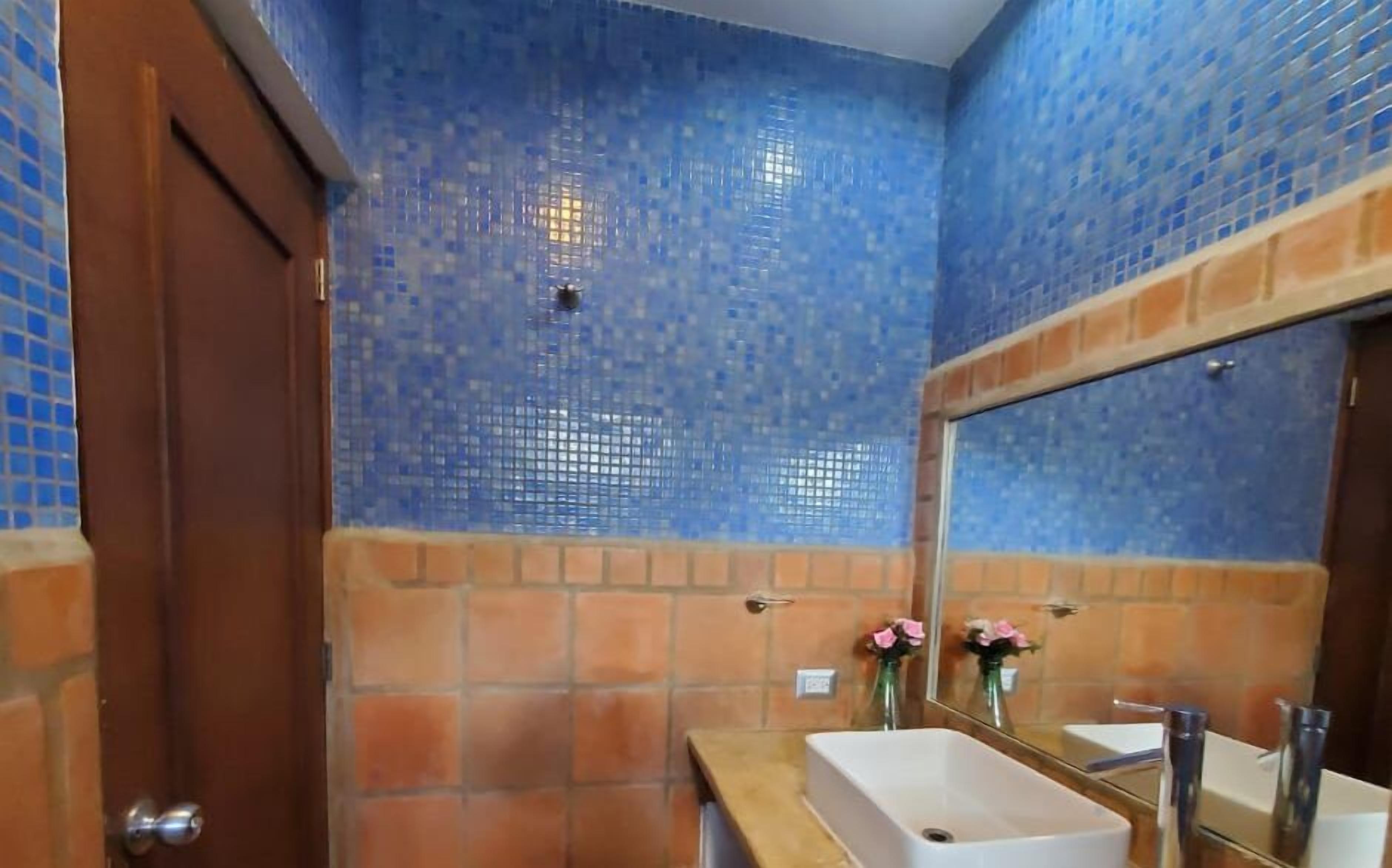 Een badkamer met een blauwe mozaïektegelwand, een houten deur en een grote spiegel boven een witte wastafel.