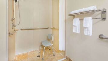 Une salle de bain équipée d’une douche, de barres d’appui, d’un siège adapté aux personnes en fauteuil roulant et d’un porte-serviettes.