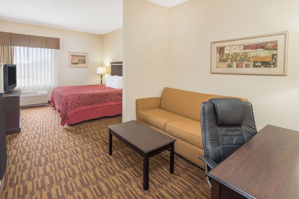A hotel room with a bed, a sofa, a desk, a chair, a television, and a framed picture on the wall.