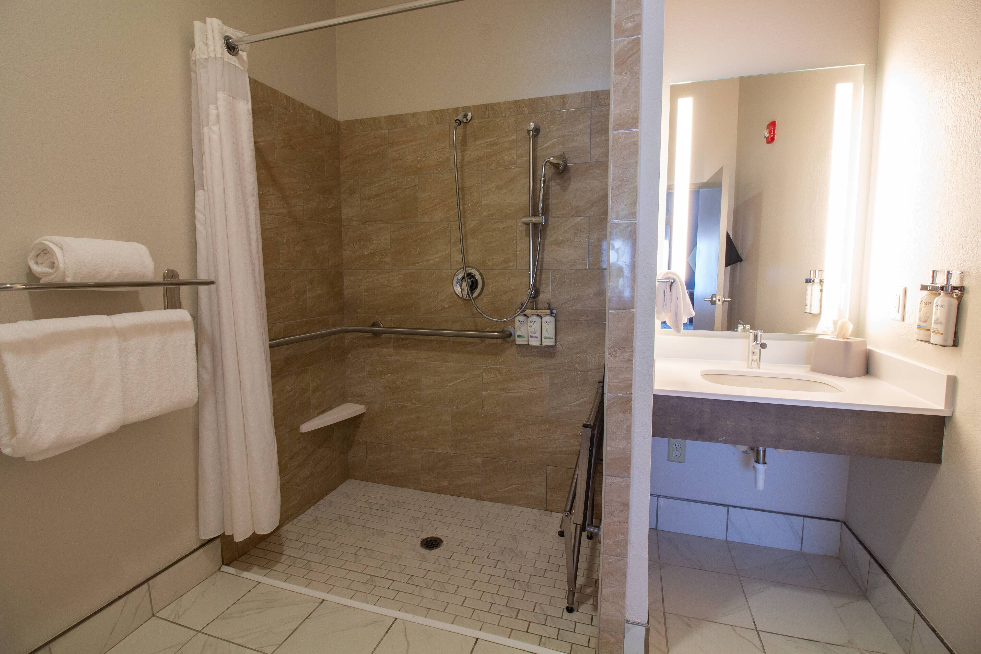 combined shower/bathtub, free toiletries, hair dryer, towels