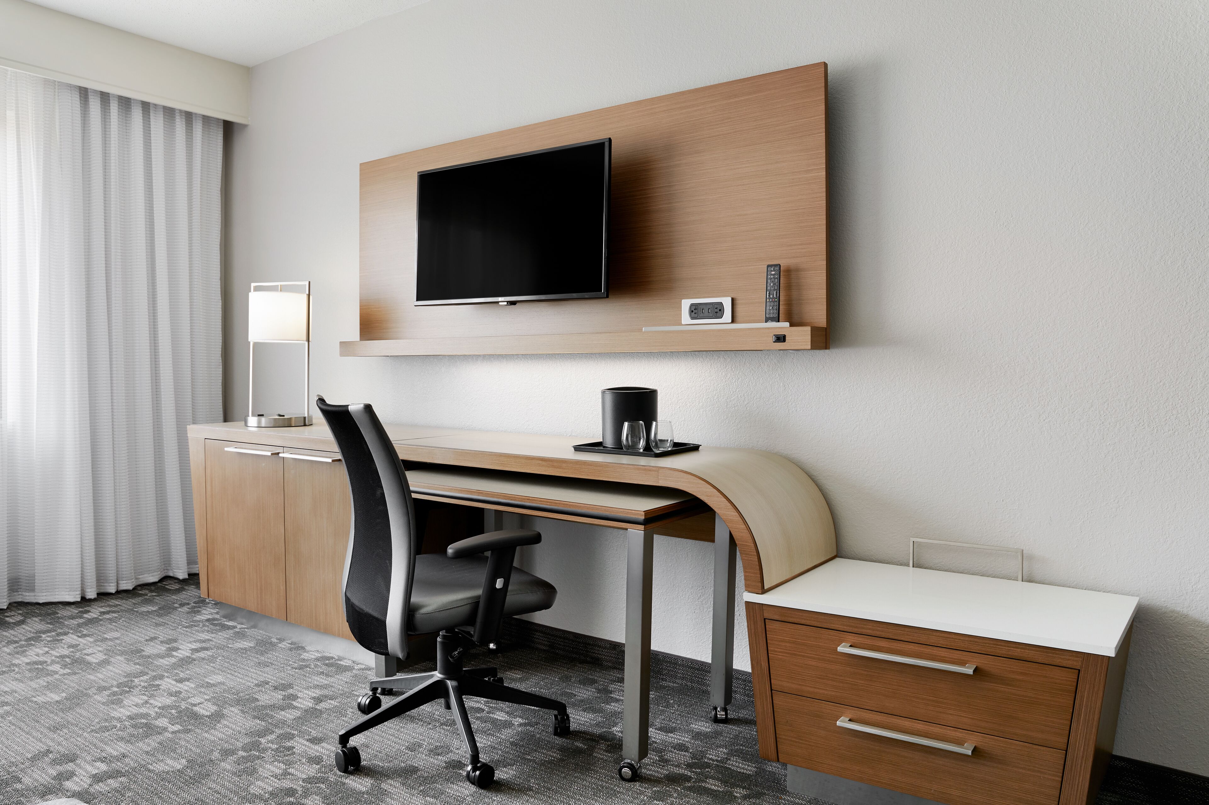 hypo-allergenic bedding, desk, blackout curtains, iron/ironing board