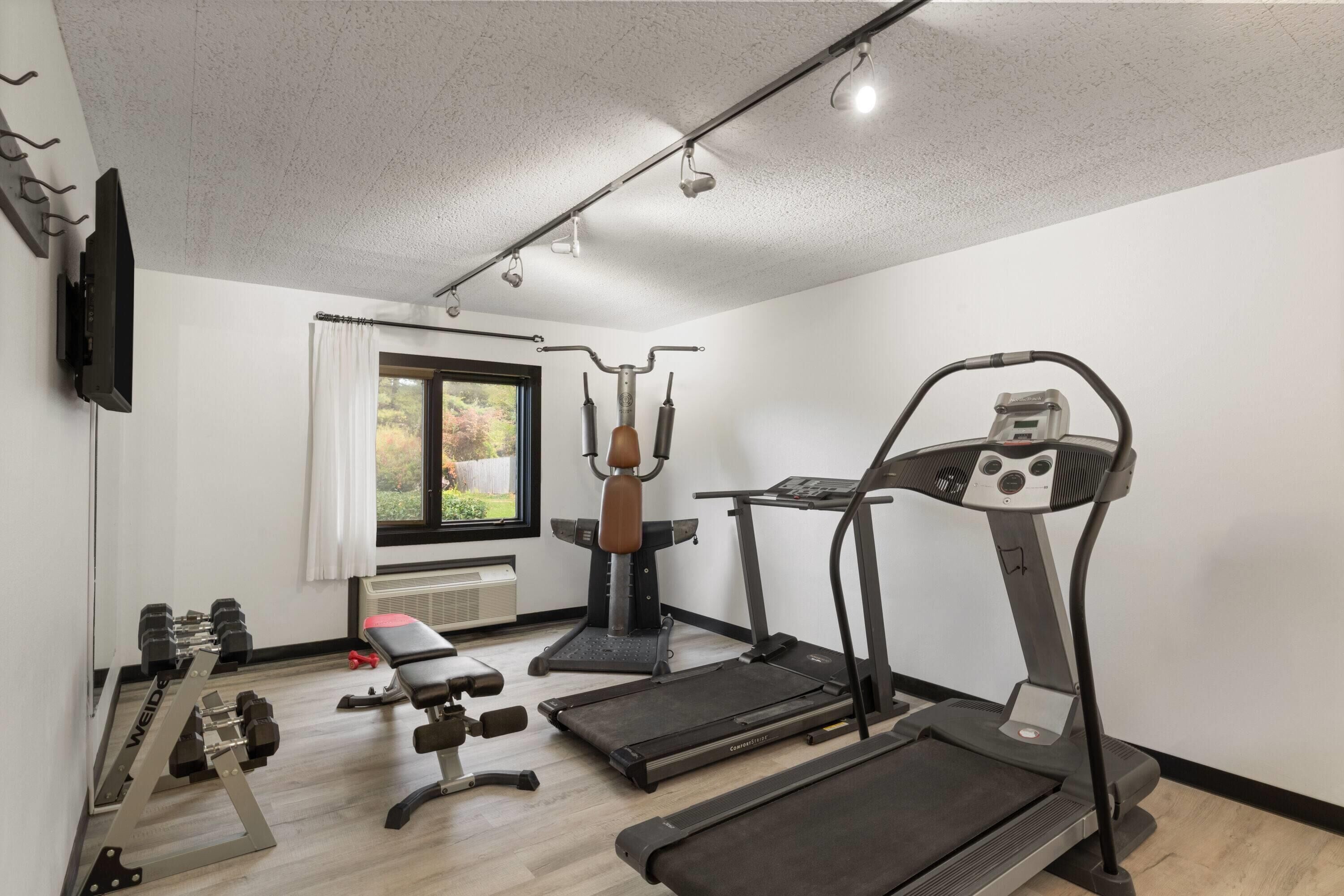 Un gimnasio con cinta de correr, banco de pesas, mancuernas y prensa de banca.