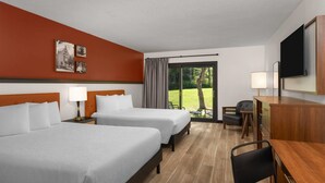 Habitación de hotel con dos camas, un escritorio, una silla, un televisor y una ventana con vista a follaje.