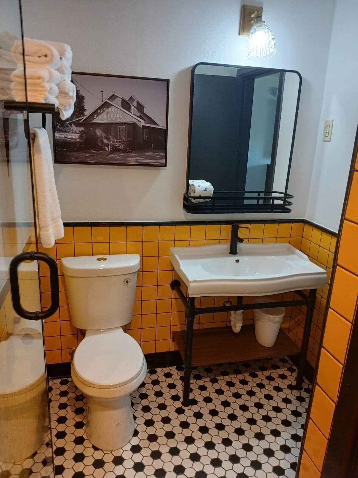 Un baño con inodoro, lavabo y espejo. Hay un perchero con toallas y un cuadro en la pared.