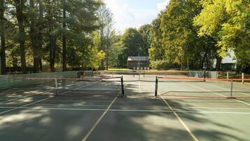 Un court de tennis en plein air, entouré d’arbres.