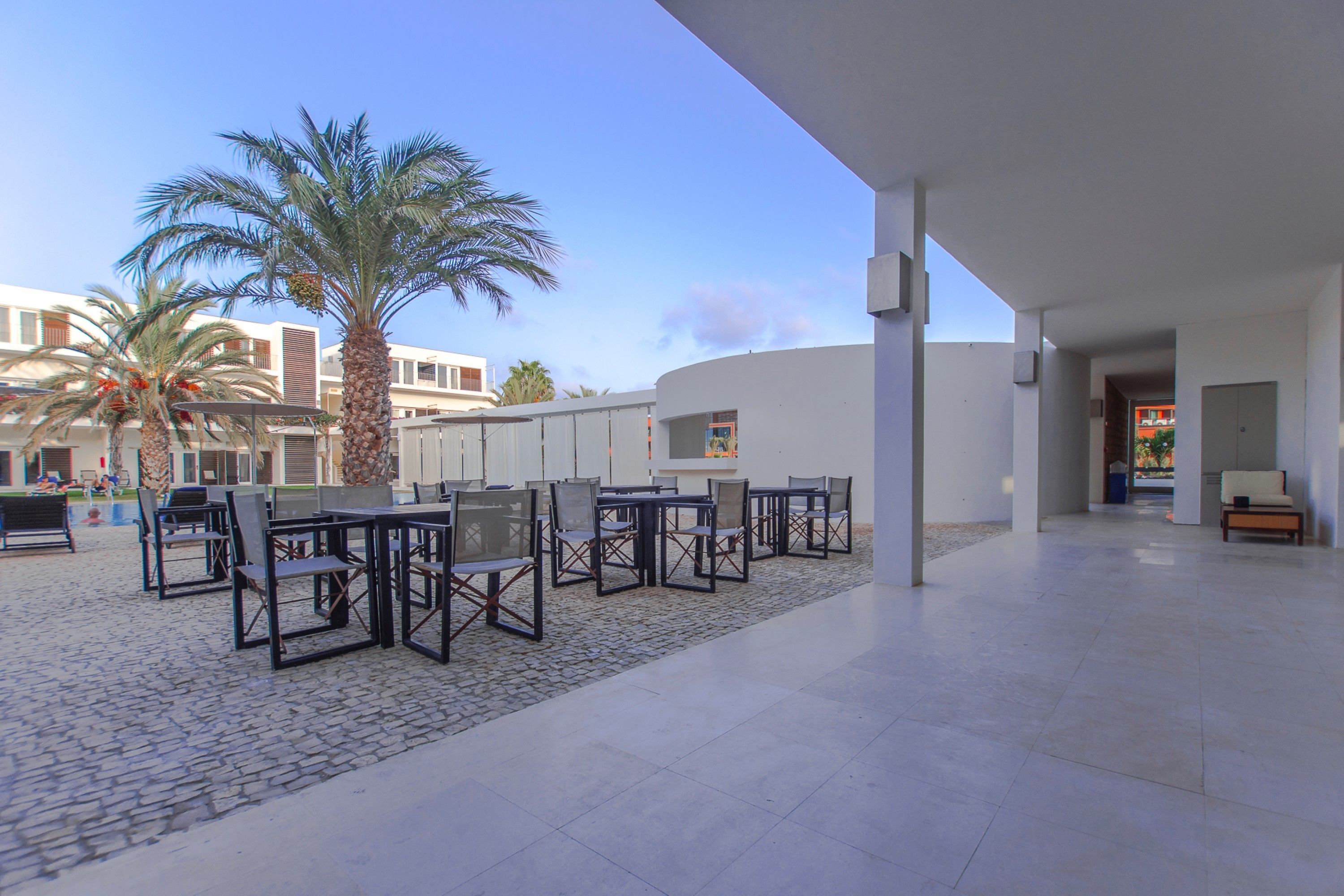 Un patio al aire libre con mesas y sillas, palmeras y un edificio moderno al fondo.