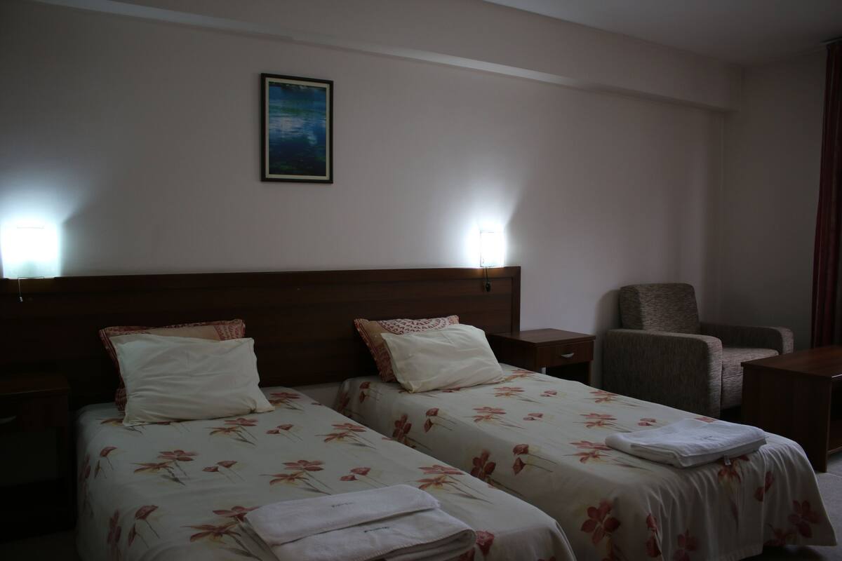 Quarto de hotel com duas camas, uma cadeira, uma mesa e um quadro na parede.