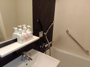 Combined shower/tub, hair dryer, slippers, electronic bidet