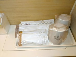 Combined shower/tub, hair dryer, slippers, electronic bidet