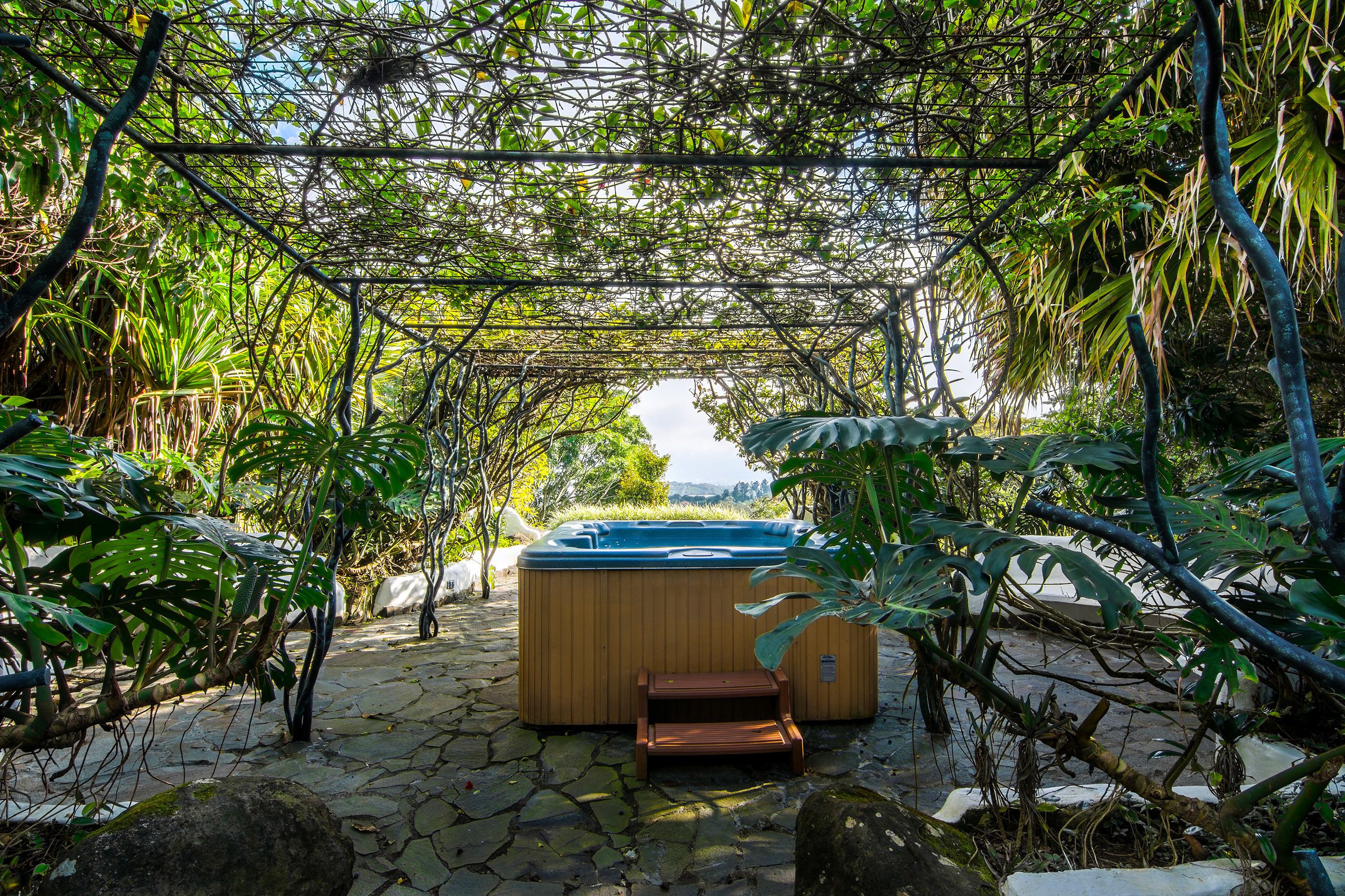 Un jacuzzi bajo una pérgola en un jardín exuberante.