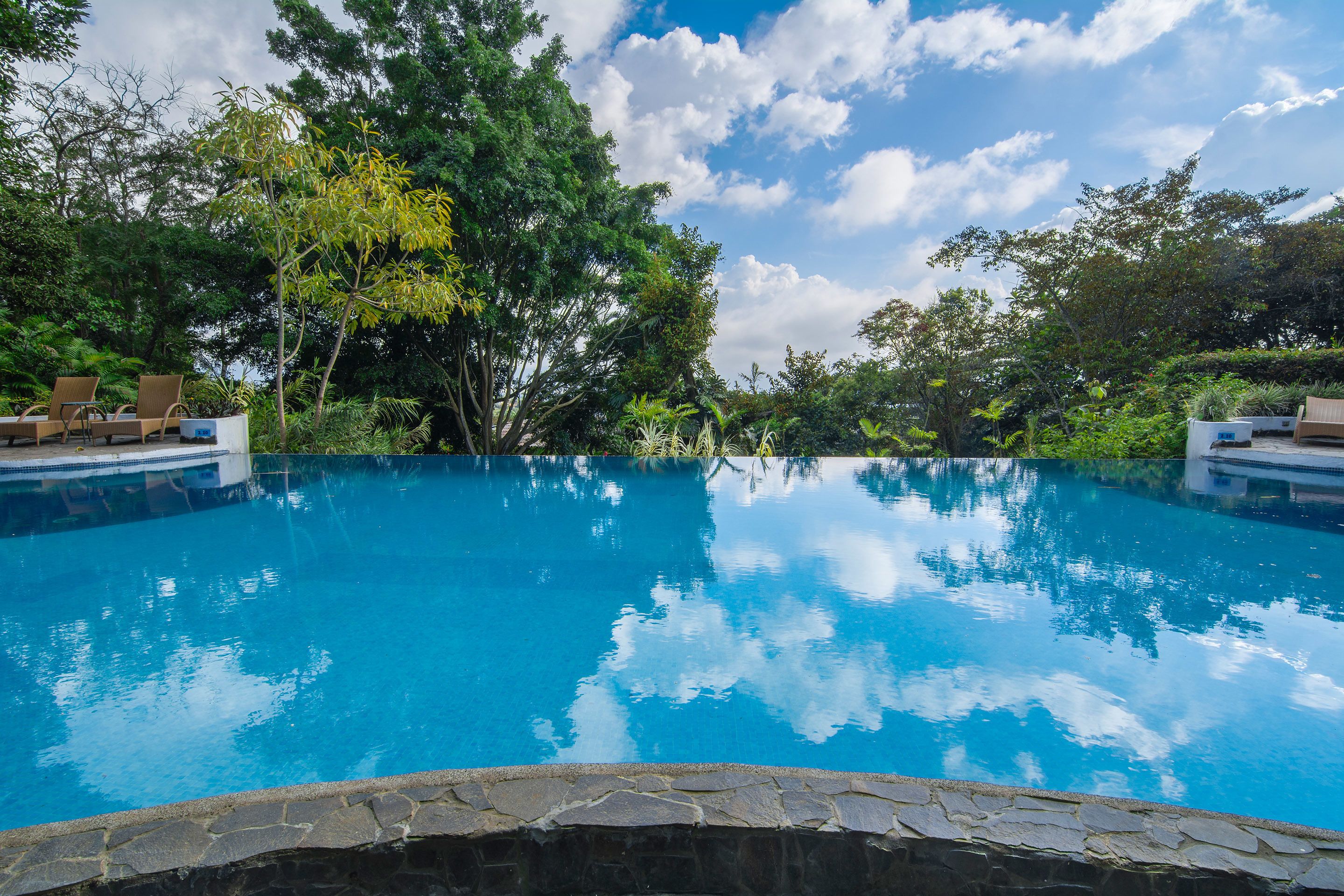 outdoor pool, pool loungers