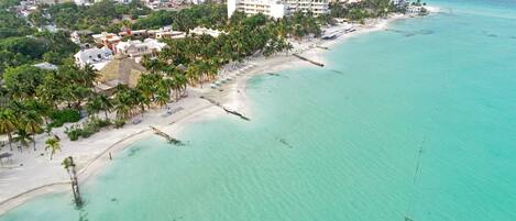 An aerial view of a coastal resort with a beachfront, palm trees, and a large hotel building.