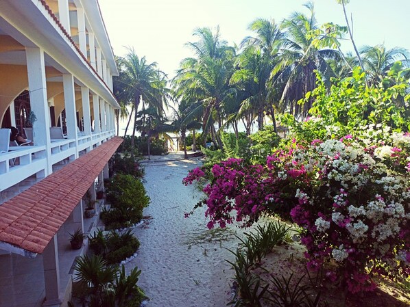Un hotel con un paseo techado, palmeras y flores de buganvilla.