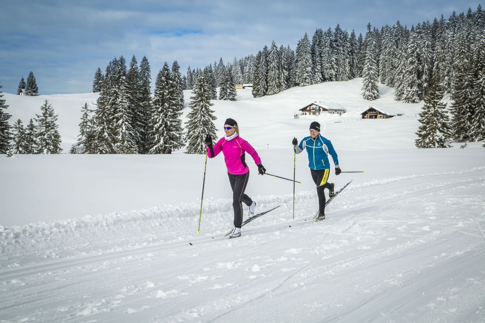 Zwei Skifahrer auf einer verschneiten Piste vor einer bewaldeten Landschaft, in der Ferne eine Berghütte.