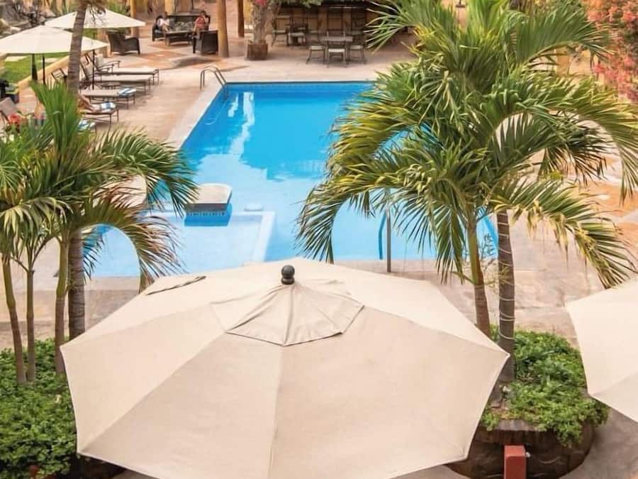 Outdoor pool, pool umbrellas, pool loungers